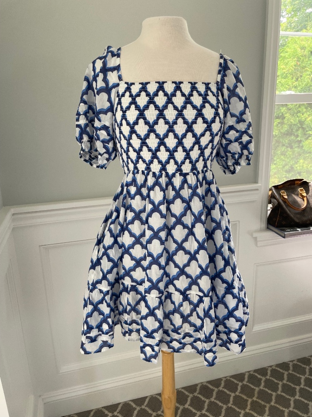ROLLER RABBIT BLUE/WHITE PRINTED SMOCKED MINI DRESS SIZE S!